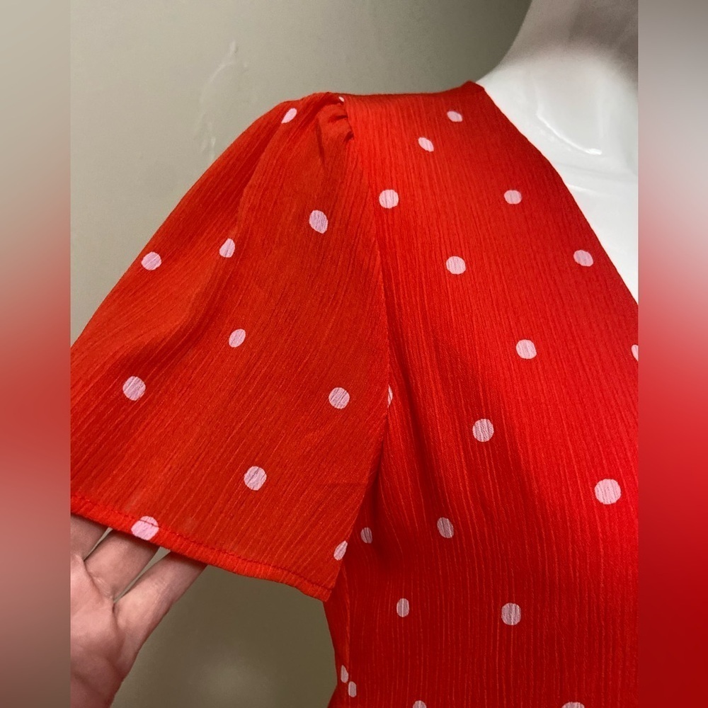 Everly~NWOT~Orange/White Polka Dot Crepe~Peek-A-Boo Front Tie~Midi Dress~Size M - Picture 7 of 16